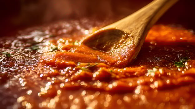 Wooden spoon stirring delicious, hot tomato sauce, cooking italian cuisine photo