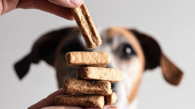 Hand Holds Freeze-Dried Treats Over Excited Dog With White Background Illustrating Pet Bond and Training Moments photo