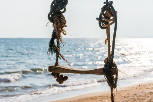 A rope swing hanging on a beach near the ocean photo