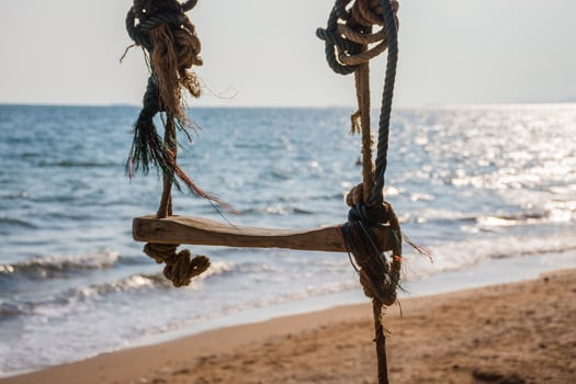 A swing hanging on the beach by the ocean photo