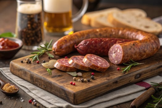 Cured sausages on wooden cutting board photo