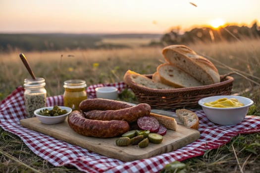 Delicious picnic scene with sausages, bread, and mustard in the evening sun. photo