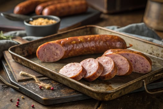 Sliced sausages on a metal tray photo