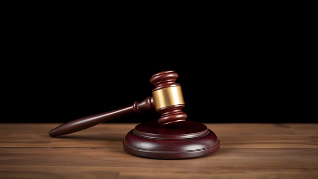 Judge's gavel on wooden table against black background photo