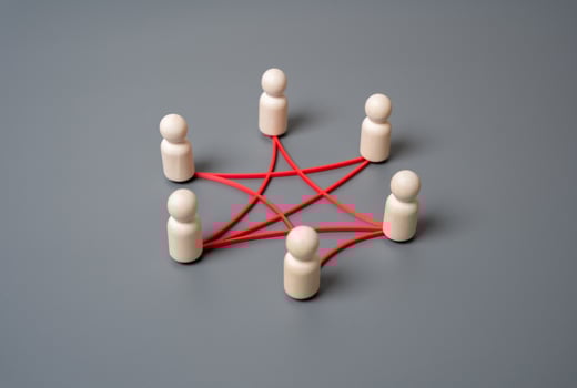 People in a circle are connected by lines and connections. Teamwork, digital connectivity, or interlinked systems. Networking, social interaction, corporate structures, or tech ecosystems. photo