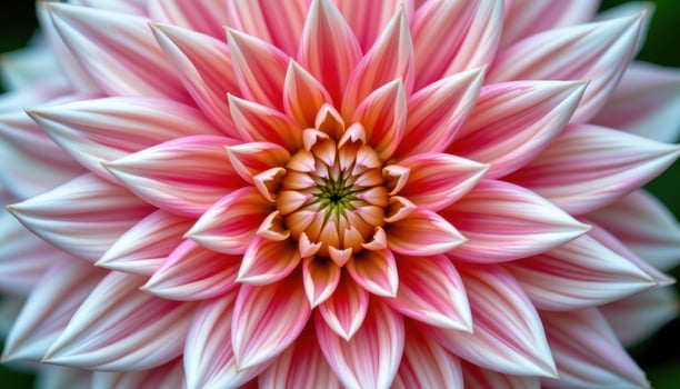 close up view of dahlia blooms in symmetrical perfection, radiating from the center in layered hues. photo