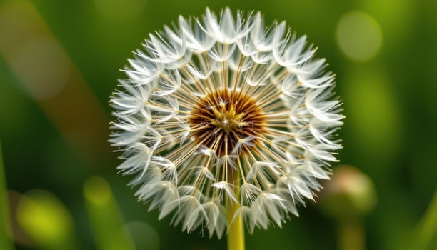 close up view of a dandelion seed head ready to disperse, its feathery seeds forming a perfect spherical silhouette. photo