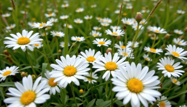 close up view of wild daisies blooming in a lush green meadow surrounded by tall grasses. photo