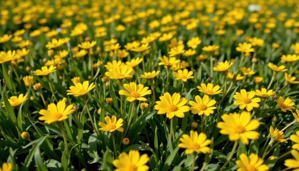 close up view of buttercups gleaming like polished gold scattered across a green field. photo