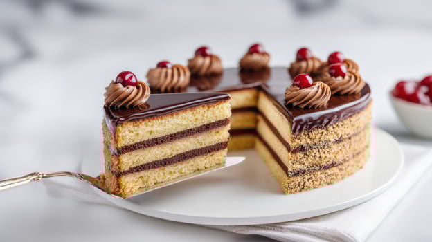 Layered Chocolate Cake Slice with Cherry photo
