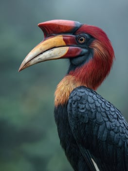 Helmeted Hornbill Perched Gracefully in a Misty Rainforest, Showcasing Vibrant Plumage and Unique Bill Structure photo