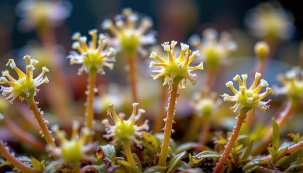 close up view of carnivorous sundew plants with glistening sticky hairs. photo