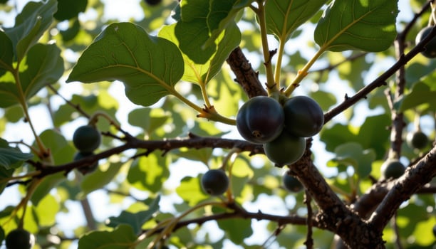 close up view of a fig tree's broad leaves and branching structure bathed in natural light. photo