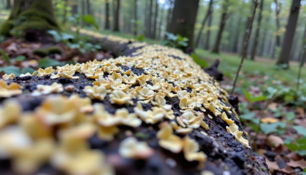 close up view of delicate lichen spreading across bark in a quiet, damp forest. photo