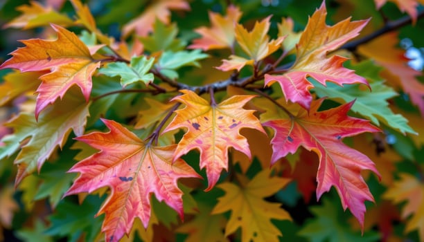 close up view of oak tree leaves changing color in autumn, transitioning from green to rich reds and oranges. photo