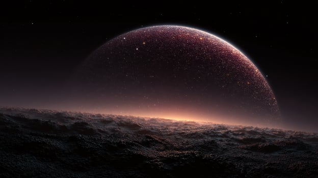 Giant Berry Shaped Planet Glows in the Cosmic Expanse With Stars Scattered in the Dark Space Above a Textured Surface photo