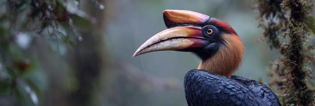 Helmeted Hornbill Perched Gracefully in a Misty Rainforest Showcasing Its Striking Profile and Vibrant Colors photo