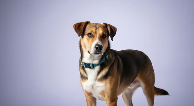 A dog is standing on a blue background photo