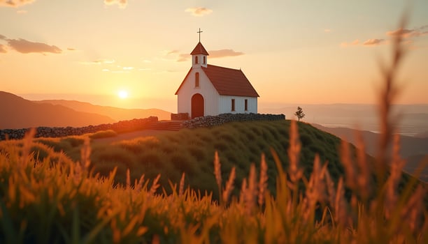 White Church on Hilltop at Sunset with Golden Light and Grass photo