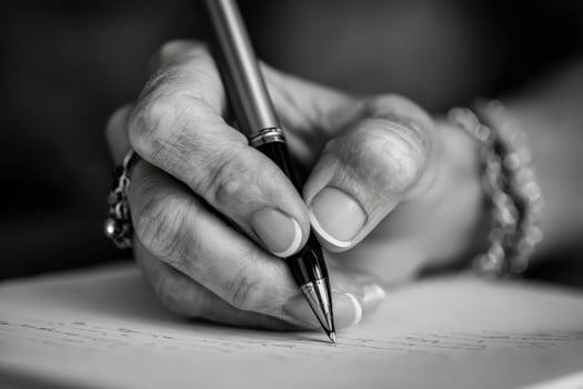 Hand writing on paper with pen in monochrome style photo
