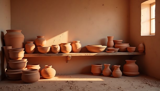 Handmade Pottery Collection Displayed on Shelves with Natural Light photo