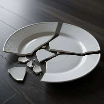 A broken plate on a table with a broken piece photo