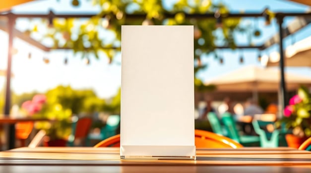 Blank white table with empty glass on outdoor patio photo