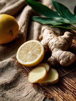 Ginger Root and Lemon Slices Arranged on a Herbal Mat for a Wellness-Inspired Composition in a Natural Setting photo
