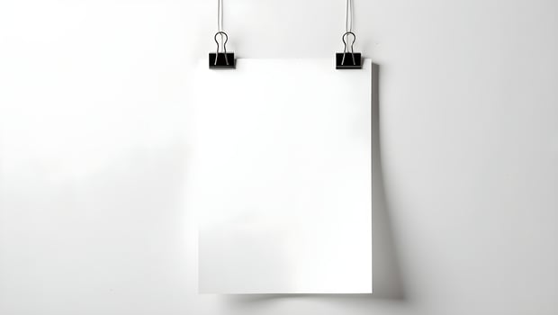 Flyer Mockup Hanging with Binder Clips on White Wall photo
