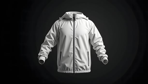 Stylish White Hooded Jacket Display on Dark Background for Apparel Mockup photo