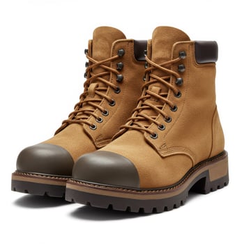 Stylish tan suede lace up work boots with dark brown toe caps and thick soles photo