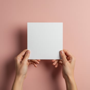 Hands holding a blank white square card against a soft pink background photo