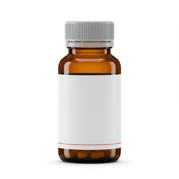 Amber glass medicine bottle with white label and pills inside photo