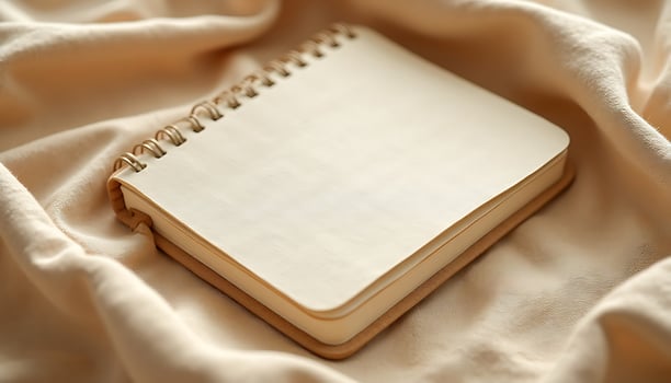 Open Notebook with Blank Pages Resting on Beige Fabric Material photo