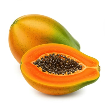 Vibrant papaya fruit halved and whole showcasing juicy orange flesh and black seeds photo