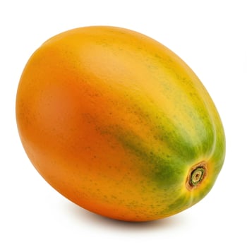 A single ripe papaya fruit with vibrant orange and green hues on a white background photo