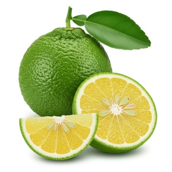 Vibrant green citrus fruit whole and sliced with fresh leaf photo