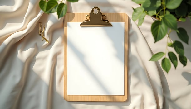 Clipboard with Blank Paper on Fabric with Houseplant and Paperclip photo