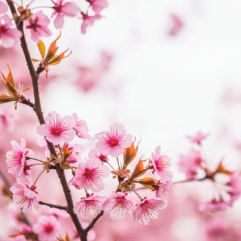 Delicate pink cherry blossoms bloom on a branch against a softly blurred background photo