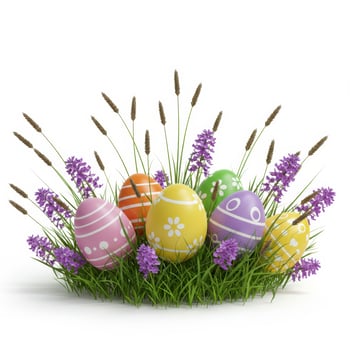 Colorful decorated easter eggs nestled among green grass and purple flowers photo