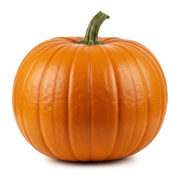 A single ripe orange pumpkin with a green stem against a clean white background photo