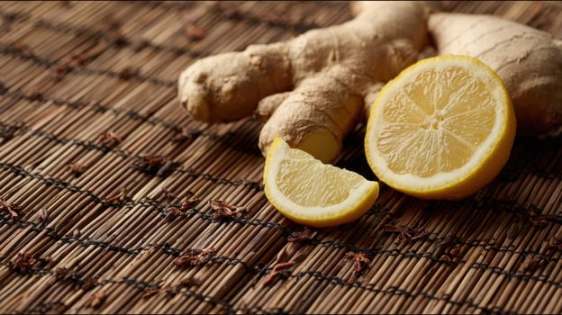 Ginger Root and Sliced Lemon on Herbal Mat for Wellness Activities and Healthy Living Practices photo