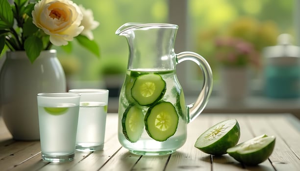 Cucumber Infused Water in Pitcher with Glasses and Floral Decoration photo
