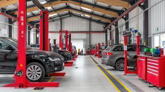 A car repair shop with several vehicles parked on the floor photo