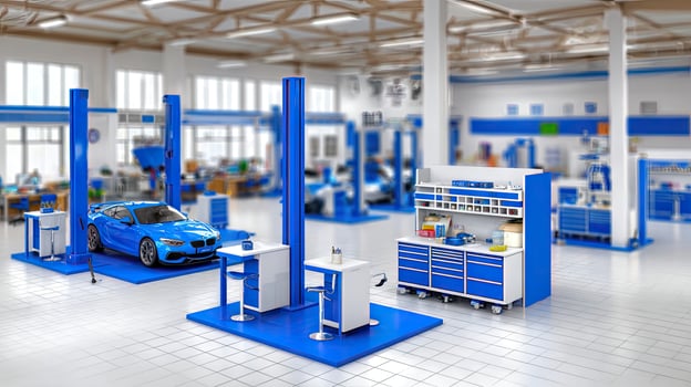 A blue car is sitting in the middle of a large auto repair shop photo