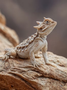Horned Lizard Basking on Textured Desert Rock Under Sunlight in Arid Landscape photo