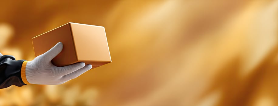 A person in a black suit and white gloves is holding a box photo