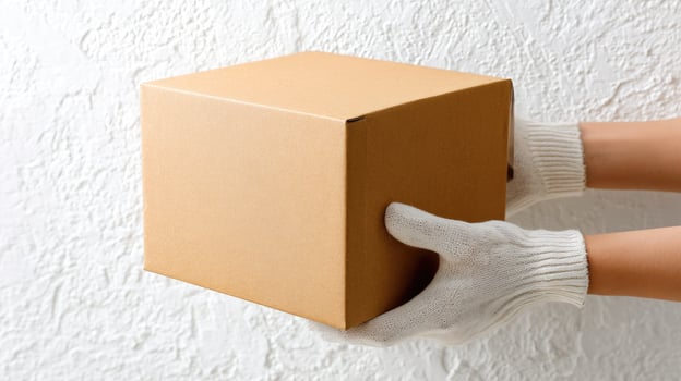 A person in gloves holding a cardboard box photo
