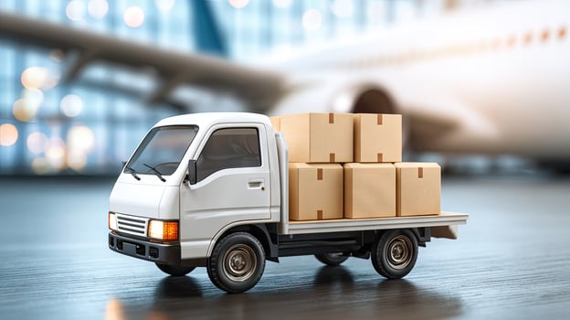 A small truck with boxes on the back is parked in front of an airplane photo