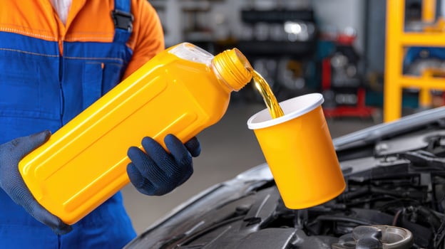 A man is pouring oil into a yellow container photo